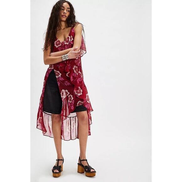 Free People Sunfaded Maxi Top Floral Printed Ruffle Slip Sheer Swing XS 279511